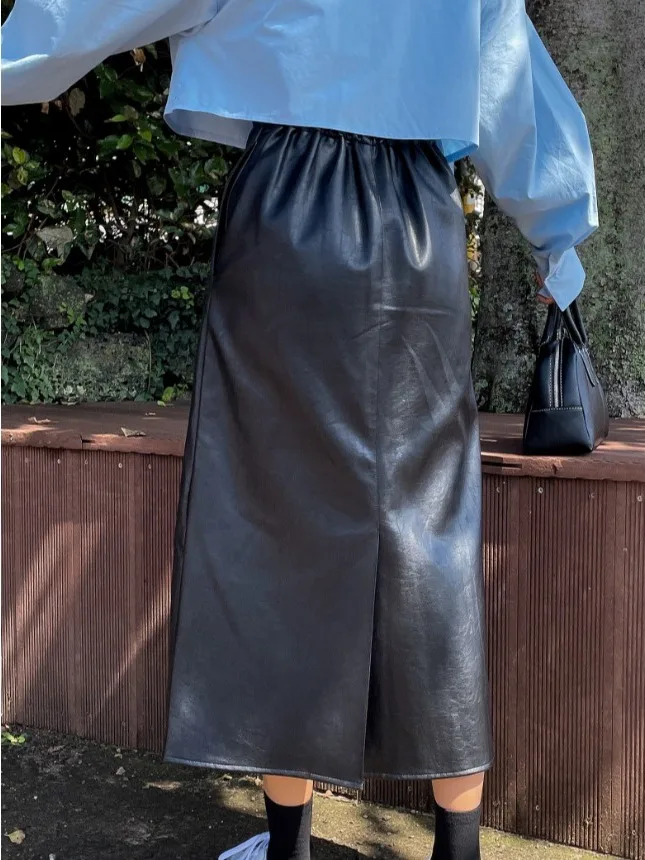 الرجعية عالية الخصر مطاطا بولي Leather الجلود f تنورة للنساء Bla التخسيس منتصف طول شق تنورة Ci تخفيف ألف خط تنورة