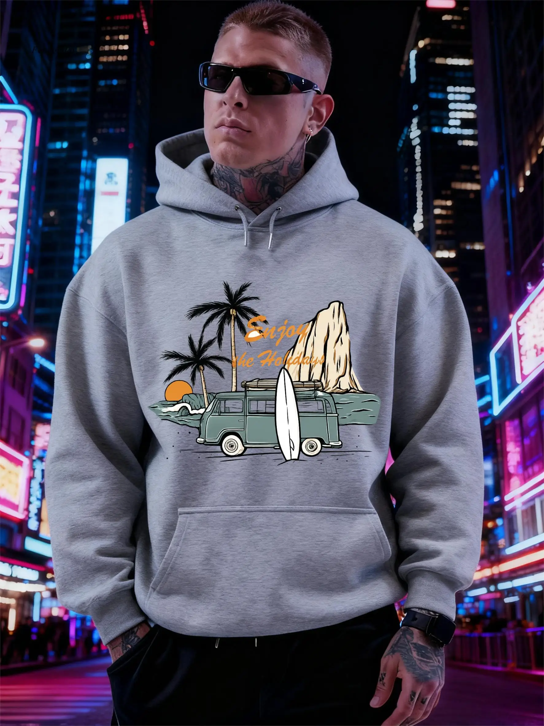Coconut Tree Print Comfortable Fleece-Lined Hoodie | Casual Sporty Loose-Fit Sweatshirt with Pocket, Ideal for Fall/Winter