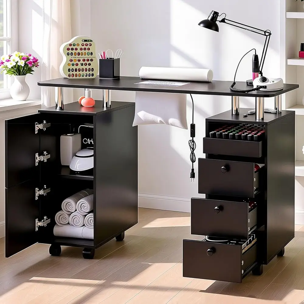 Electric Dust Collector Nail Desk with Rolling Manicure Table, Storage Drawers, Wrist Cushion, and Acrylic Resistant Surface