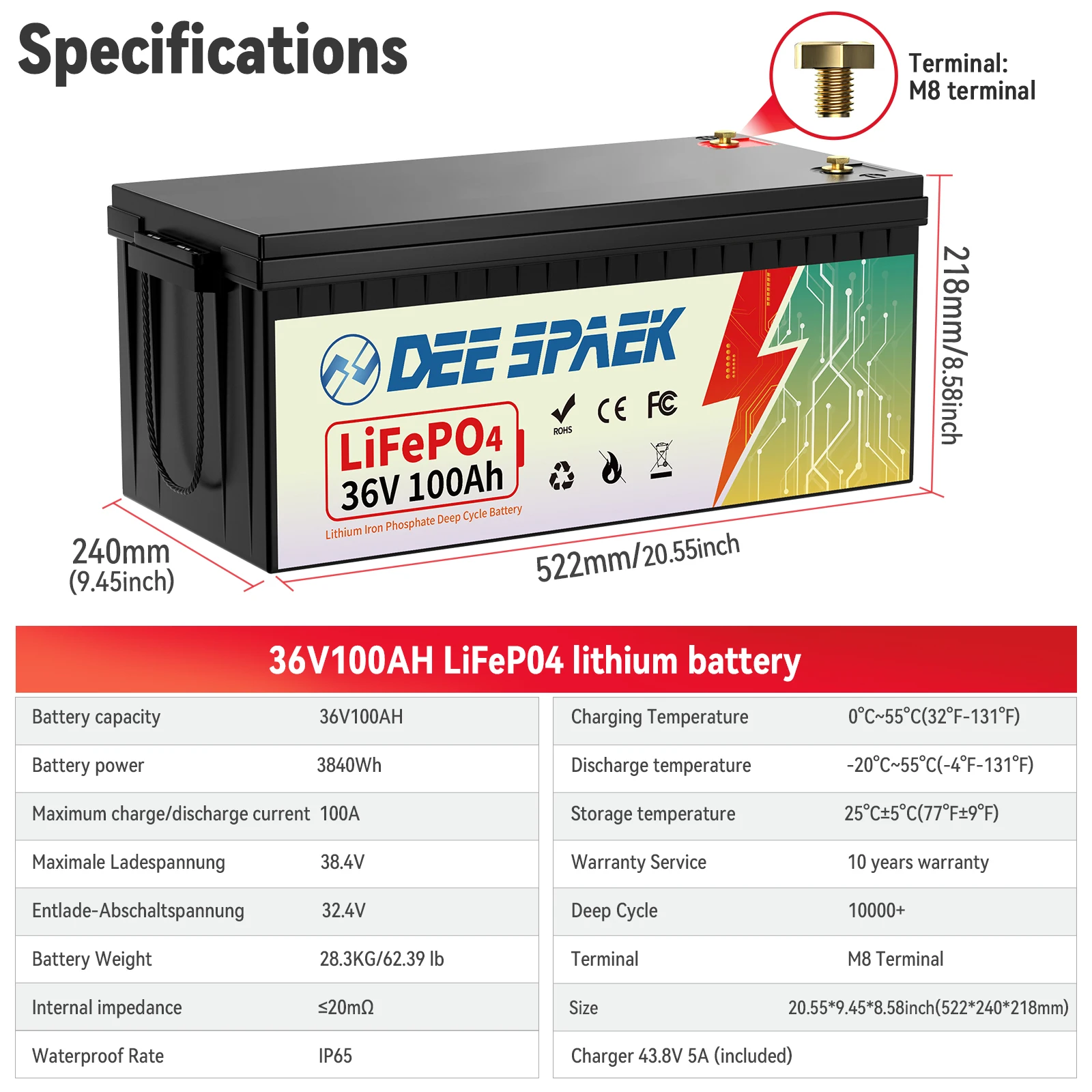 USA/EU Stock 36V LiFePO4 Battery 100Ah Built-in BMS 36V Deep Cycle Batteries 100ah For RV Campers Off-Road Off-grid Solar Wind