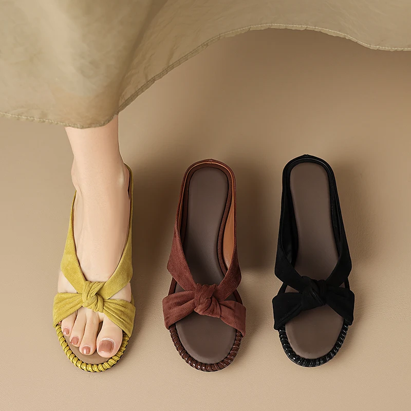 2026 new summer women sandals natural leather 22-25cm kid suede+sheepskin+microfiber mules high heel women slippers fashion