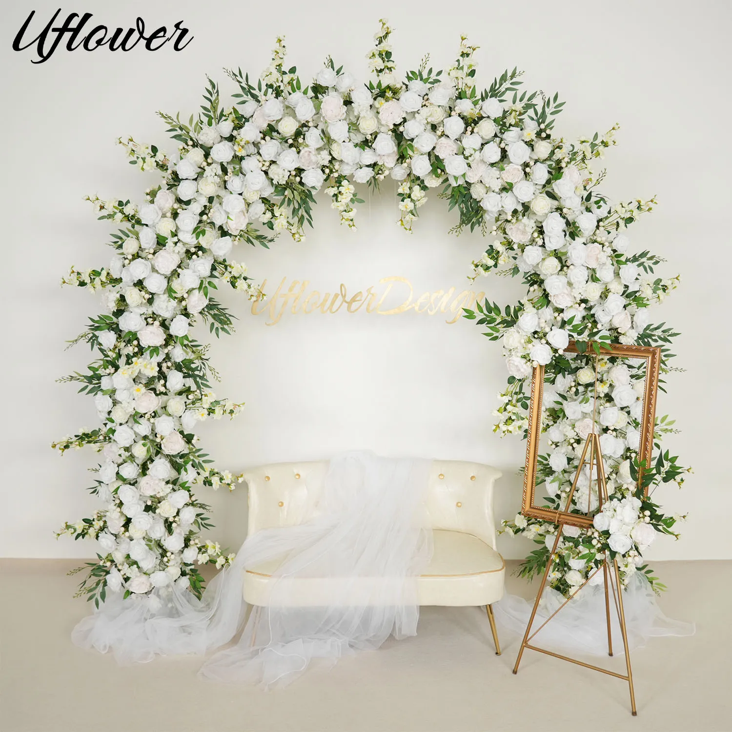 Uflower White Rose Green Plant Luxury Wedding Backdrop Decoration Artificial Flower Row Floral Arrangement Arch Prop Event Decor