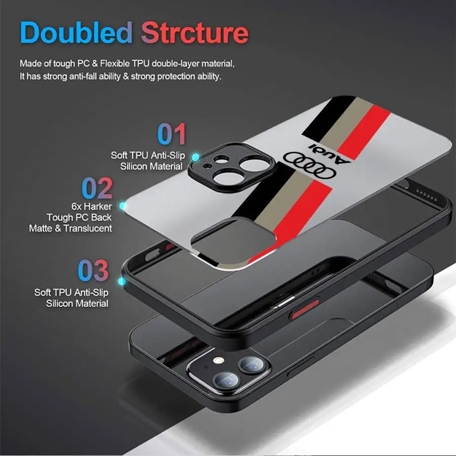 Custodia per Apple iPhone 11 13 Pro 11 Max 16e 15 XR 12 Mini XS 14 16 Bordo nero Shell Auto A-Audi Logo