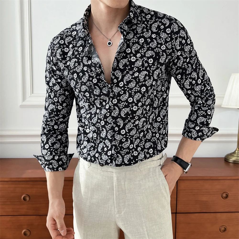 

Vintage Men's Casual Printed Shirts Spring and Autumn Long Sleeved Slim Fit Man Floral Shirt Business Flower Print Streetwear