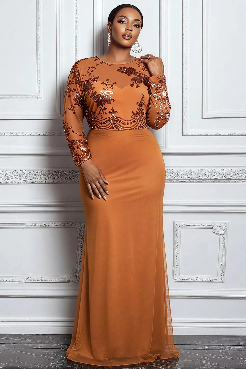 Vestidos largos de lentejuelas elegantes ajustados de manga larga con cuello redondo marrón para madre de la novia de talla grande