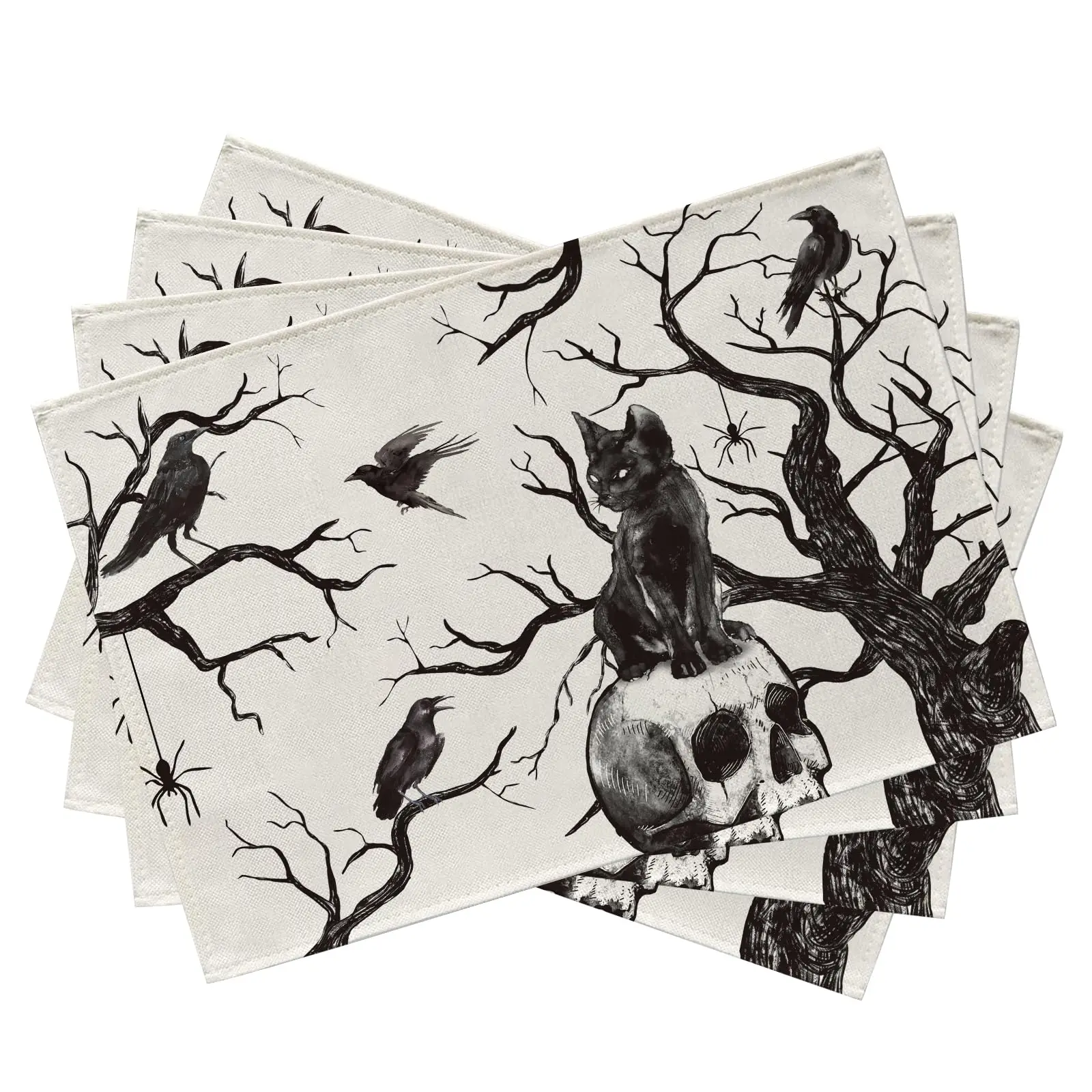 

Halloween Skull Black Cat Placemats Set of 4, Gothic Crow Tree Branch Spider Scary Dining Table Place Mats Home Decor 12x18 Inch