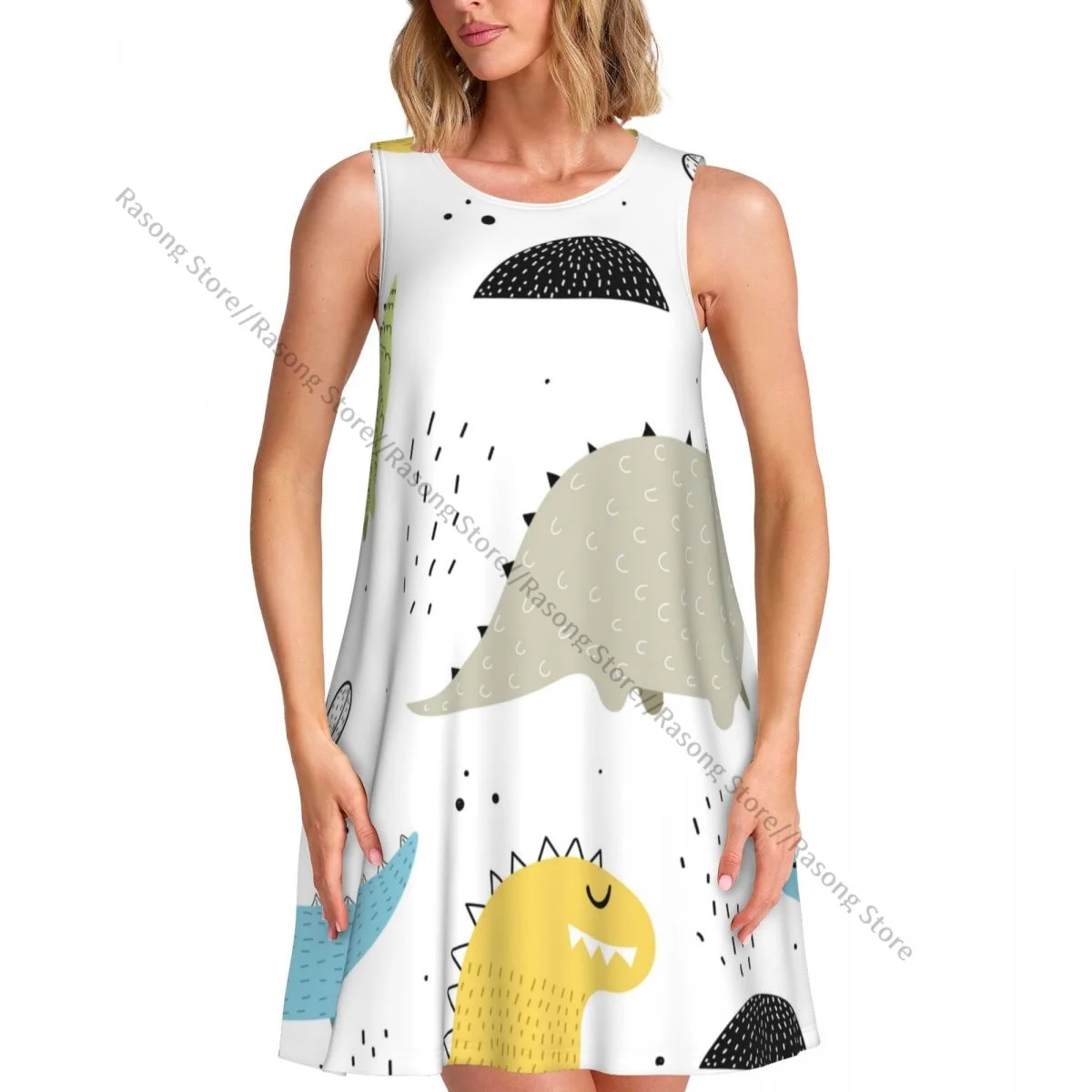 ชุดสตรีฤดูร้อนชุดลําลองเสื้อยืดชายหาดการ์ตูนไดโนเสาร์ชุดถังสีสันสดใส