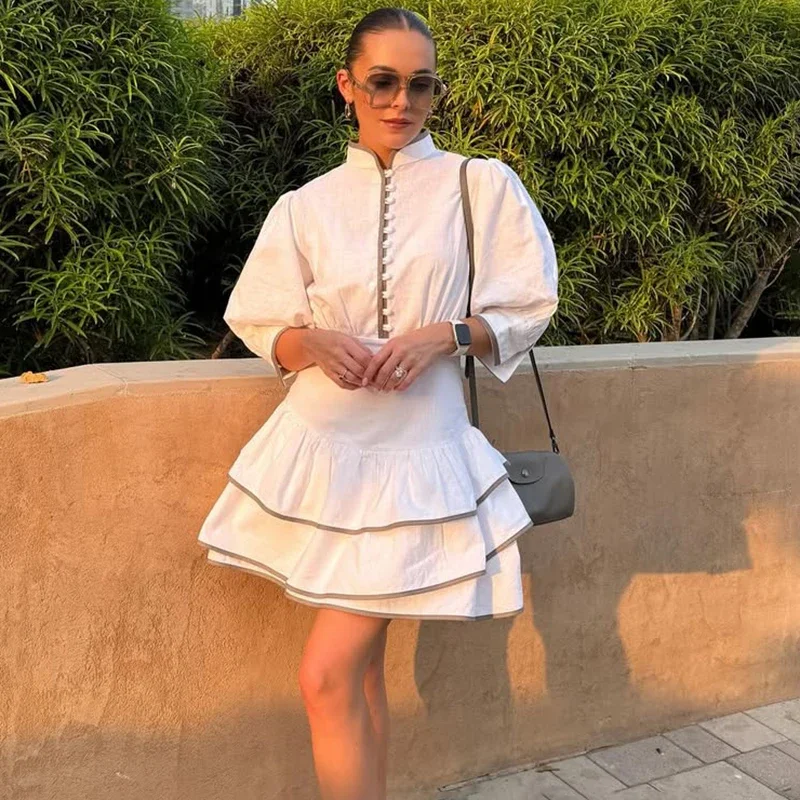 

Fashion Contrast Shirt Dress Woman Stand Collar Puff Sleeve A-line Dress High Waist Elegant Splice Mini Dress Commuting