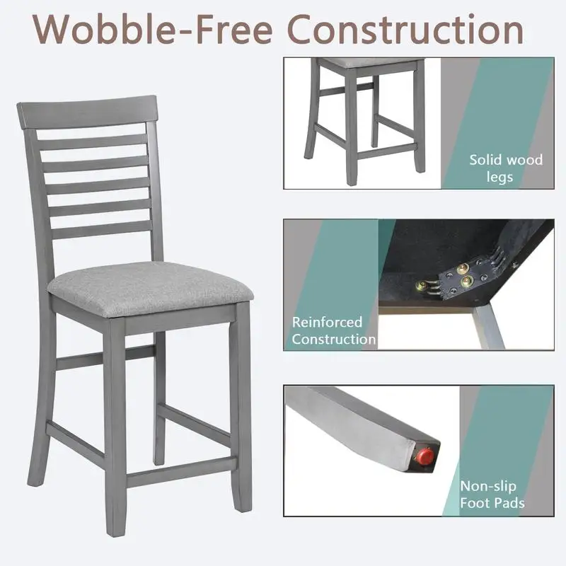 Conjunto de 4 cadeiras de altura de balcão, bancos de bar de cozinha com assento acolchoado para sala de jantar, acabamento cinza
