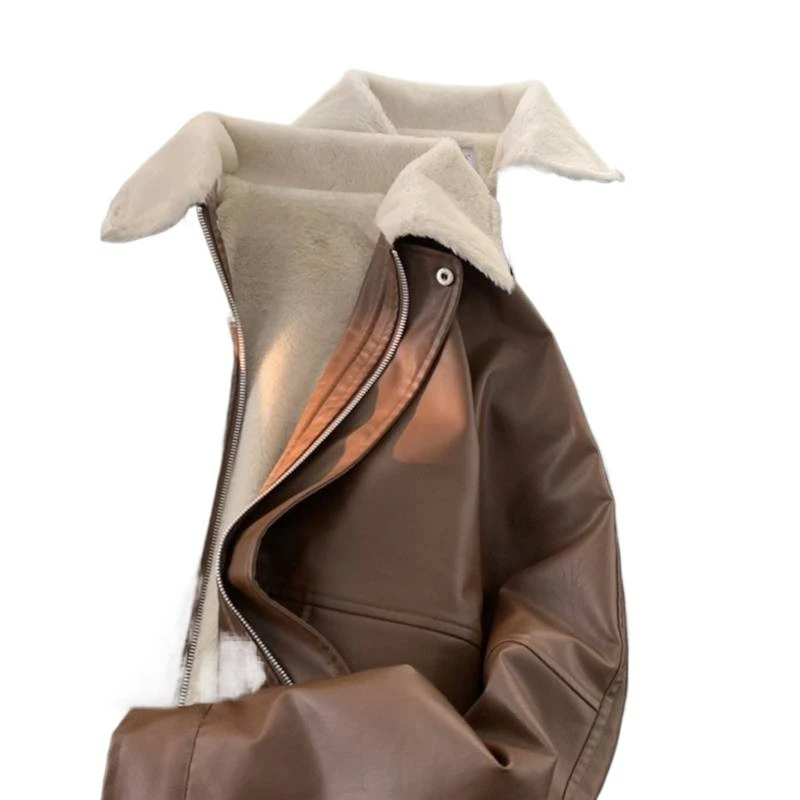 여성용 겨울 벨벳 두꺼운 PU 가죽 재킷 여성 스트리트웨어 루즈 라펠 모터사이클 재킷 레트로 스플라이스 포켓 따뜻한 코트