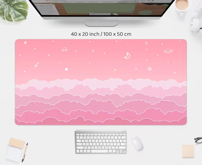 Kawaii Desk Mat Pink Cute Mouse Pad Aesthetic Pastel Clouds Sky Doodle Stars Moon XXL Large Gaming Deskmats 400x900mm Mousepads