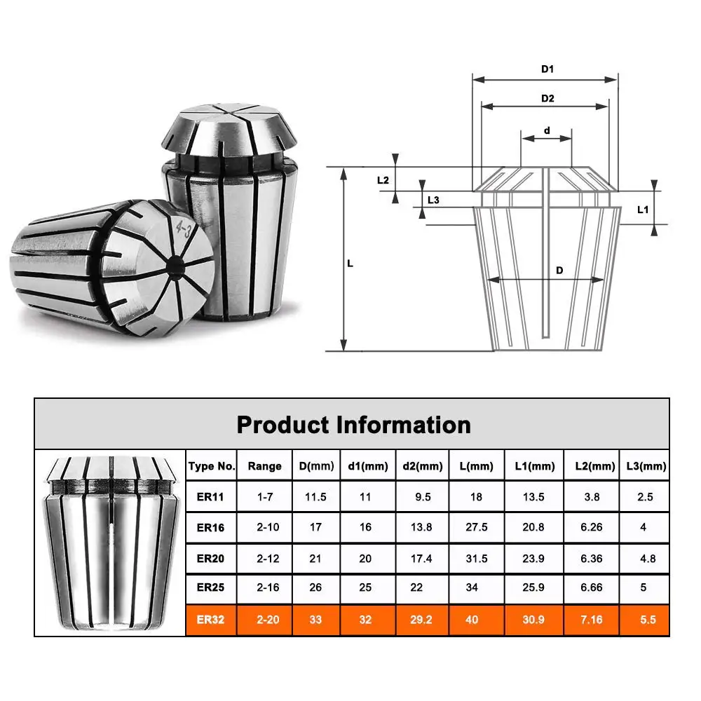 ER8 ER11 ER16 ER20 ER32 ER40 Chuck Collet Set  Spring Collet 0.008 Accuracy for CNC Lathe Tools Engraving Machine Lathe Tool