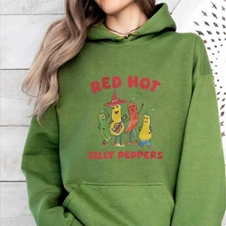 Red Hot Silly Pepper Round Neck Sweater Top Print Long Sleeves Couple's Shirt Y2K Style Pullover Sportwear 2000s Clothes