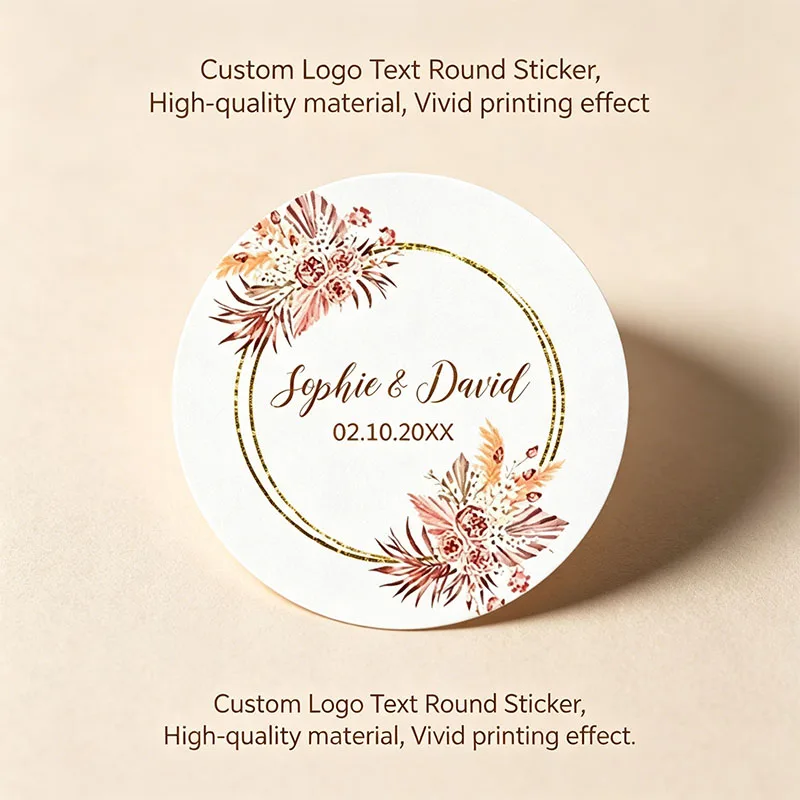 Custom Names Date Wedding Stickers Boho Dusty Pink Floral Gold Circle Label Personalized Favor Sticker For Gift Box Envelope