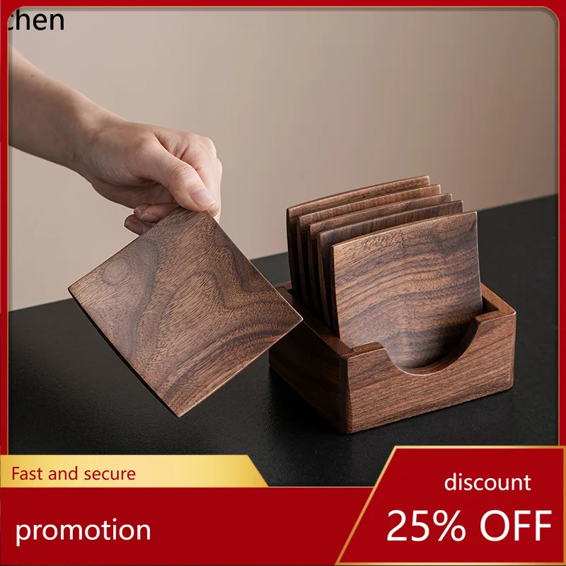 CZ Black Walnut Square Coaster with Storage Box, Solid Wood Heat-Insulating Mat, Tea Cup Holder, Tea Saucer, Tea Ceremony Tray
