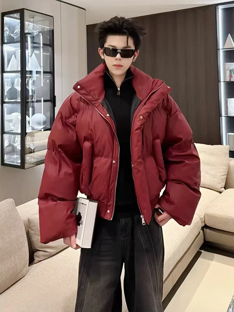 

Red PU Leather ort down Jaet Men's Bread Sle Stand Collar Cotton Coat CleanFit American Sle Thi Warm Winter Outerwear