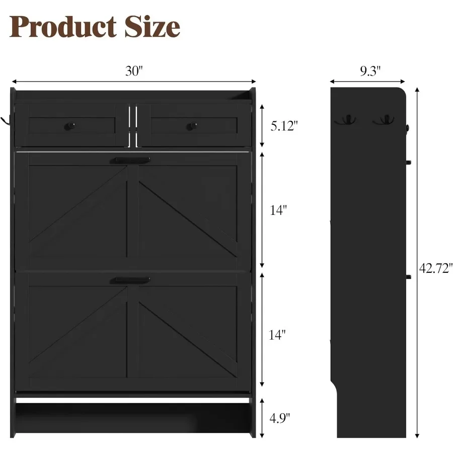 Black Shoe Cabinet with 2 Flip Drawers 2 Storage Drawers, Rustic Farmhouse Narrow Shoe Organizer Cabinet, Slim Shoe Rack Cabine