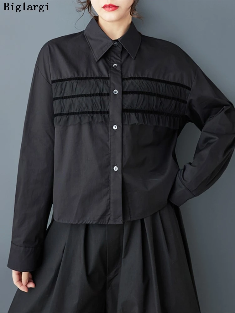 

Oversized Spring Shirts Tops Women Long Sleeve Fashion Pleated Patchwork Ladies Cropped Blouses Casual Loose Woman Shirt Tops