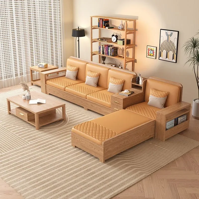 Modern Minimalist Ash Wood Solid Sofa for Small Apartment Living Room Straight Row Design with Storage Space Suitable for All