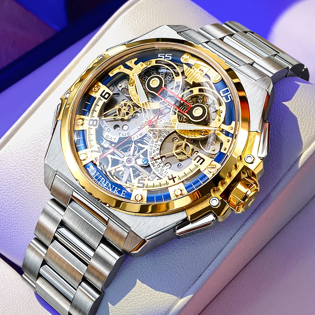 OUPINKE 3266 Skeleton Men's Watch Multi functional Date Waterproof Stainless steel Fashion Men's Automatic Mechanical Wristwatch