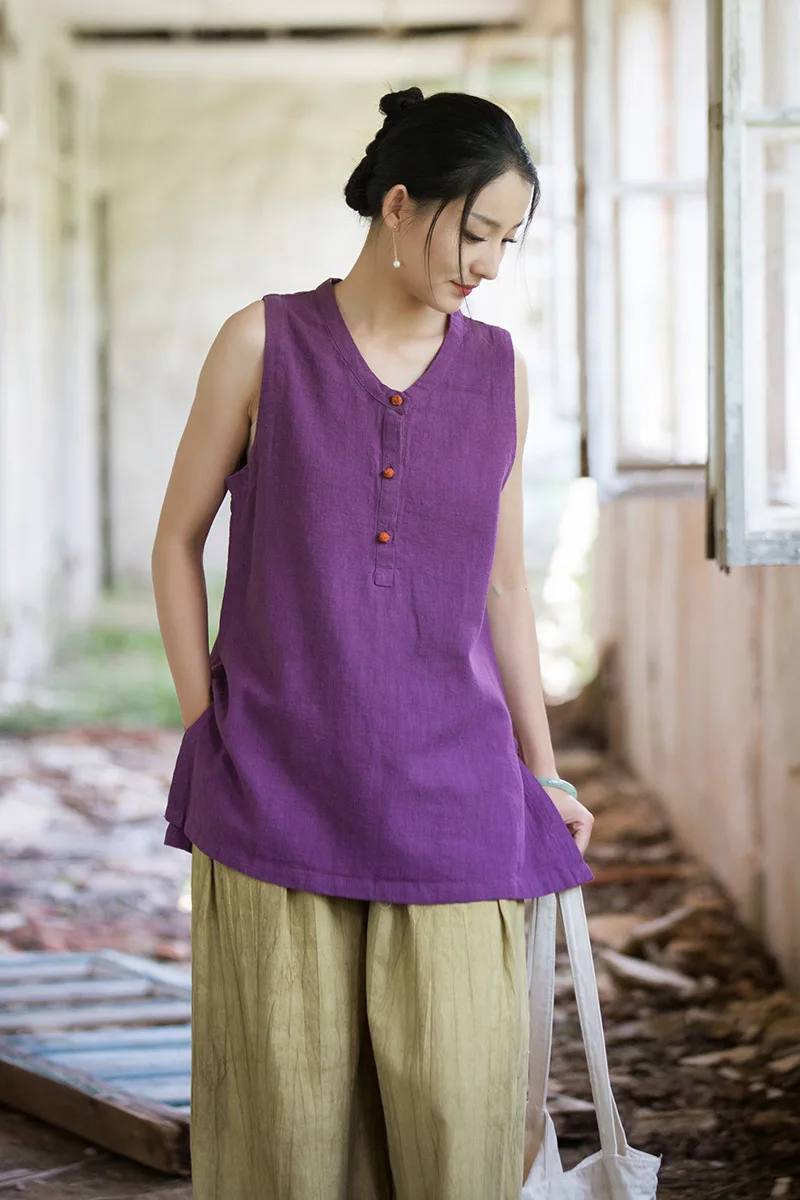 Cotton-Linen Women Modified-Style Shirt Button Closure Artistic Fresh Lightweight Short-Sleeve Shirt Ramie Color-Block Cardigan