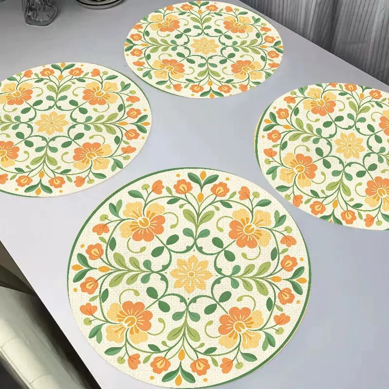 VIKAMA Fresh Warm Orange Retro Small Flower Round Linen Placemats Heat Resistant Wear-Resistant for Dining Table Home Decor