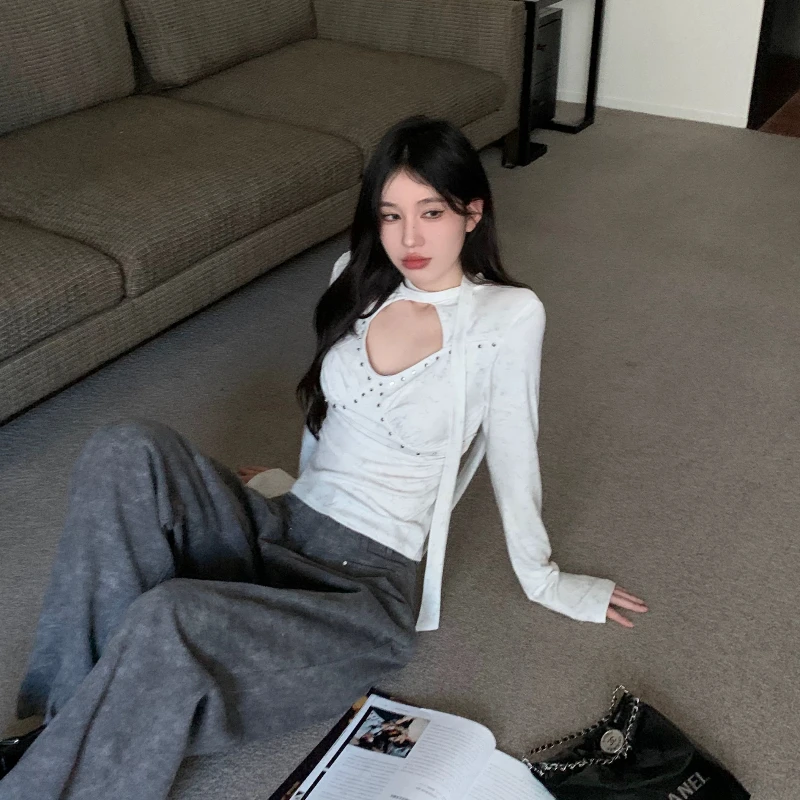 ديبتاون Y2k مثير خمر الجوف خارج المرأة تي شيرت الجمالية الدانتيل يصل برشام طويلة الأكمام الكورية موضة الجرونج تيز سليم جيارو #6