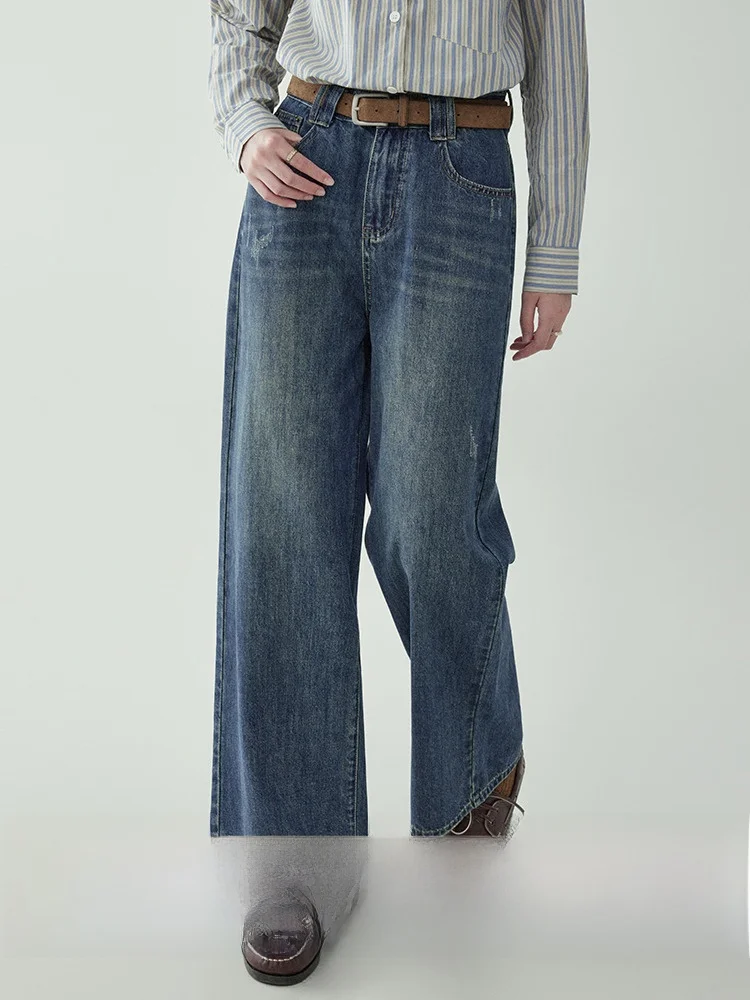 

Джинсы с высокой талией и широкими штанинами, женские повседневные брюки с вышивкой, весна-осень, сезонные царапины AMUU, чистый цвет, прямой крой