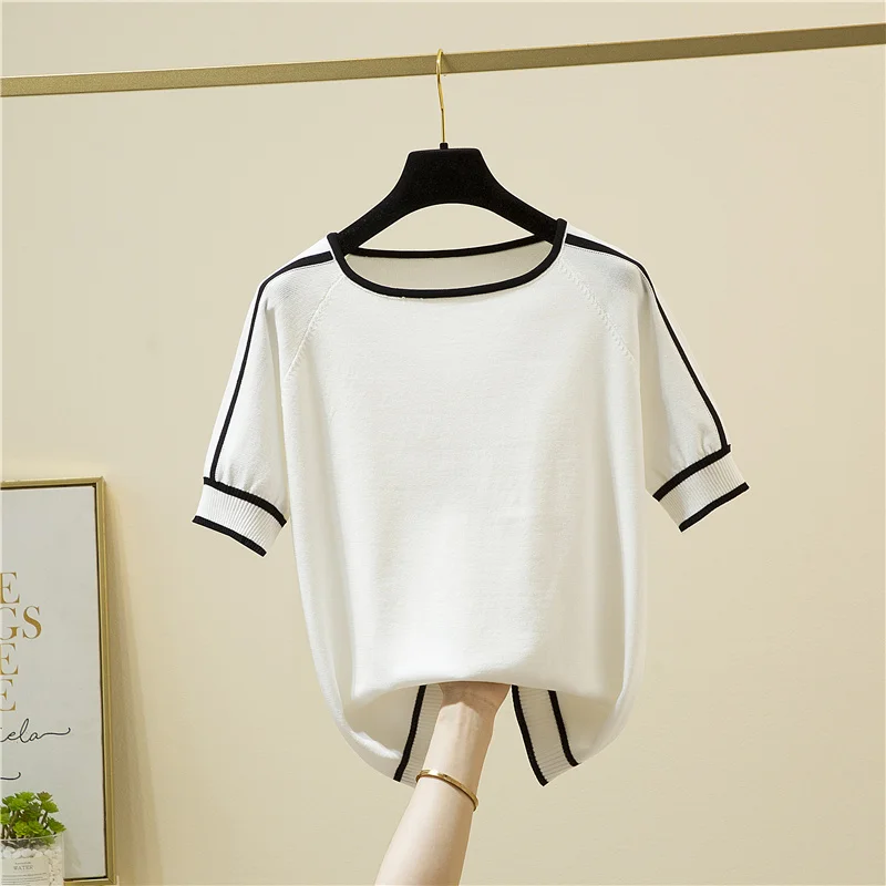 Camisetas Mujer Thin Knitted T Shirt Women Short Sleeve Summer Tops Woman Clothes Striped Fashion T-Shirt Tee Shirt Femme 18841