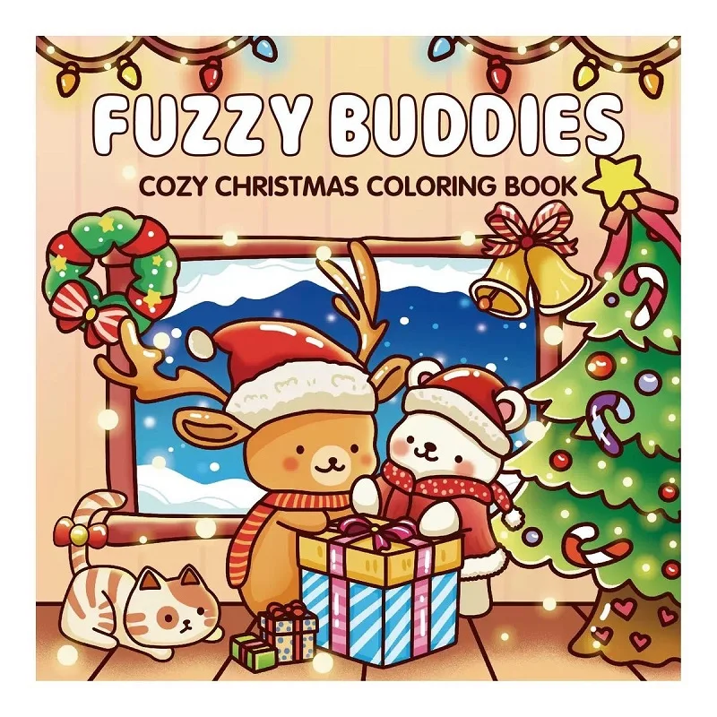 Fuzzy Buddies Coloring Book for Adults and Teens - Christmas Scenes Adorable Animal For Stress Relief