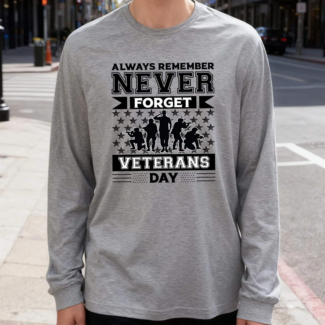 Never Forget Veterans Day Men's Long Sleeve Tee 100% Cotton 180g Crew Neck Casual Daily Style Soft and Breathable