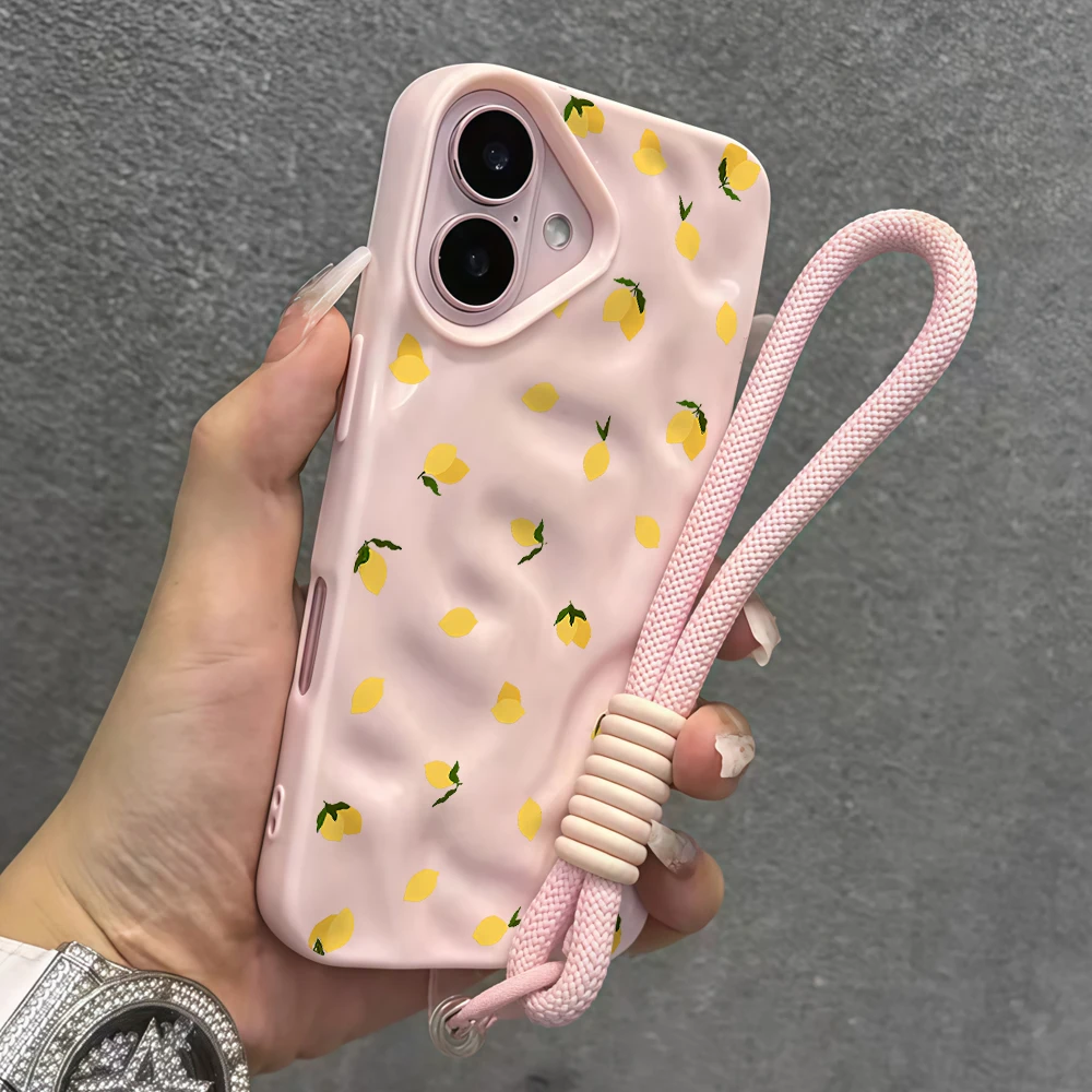 Minimalistische Zitronen-Falten-Silikon-Handyhülle für iPhone 17 15 13 11 12 14 16 17 Pro Max 14 15 16 Plus 17Air mit Lanyard-Abdeckung – Detail 8