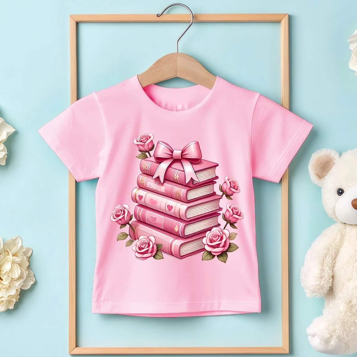 Books Rose Valentine's Day Print Children’s Base Clothe Girl Comfortable T-shirt Summer Outdoor O-neck Short Sleeve Tee Shirts