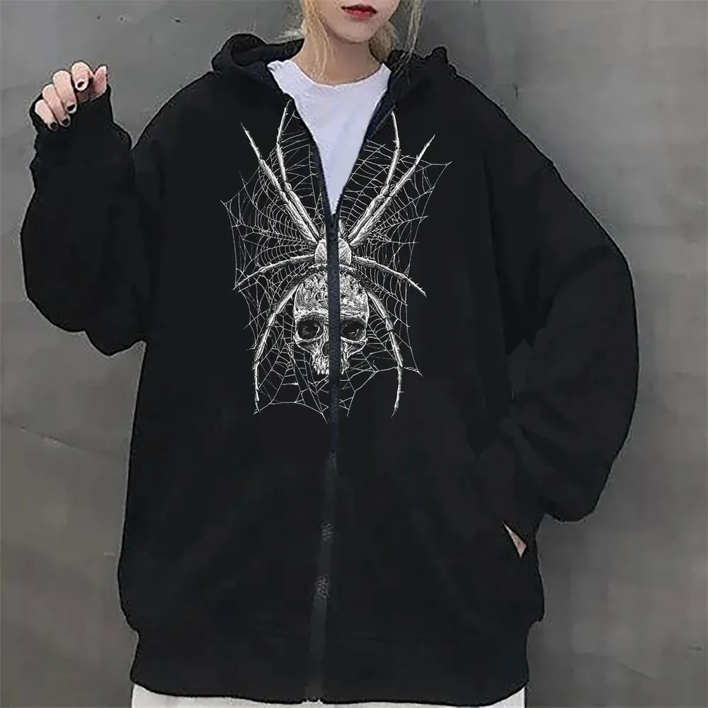 Y2k Zip Up Women's Hoodie Halloween Spider Web Skeleton Print Korean Style Sweatshirt Y2K Gothic Vintage Zip Jacket Sudaderas