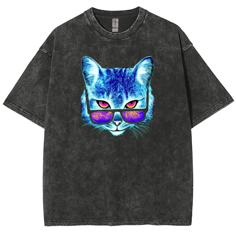 Retro Old T-Shirt Trend Cool Contrasting Sunglasses Cat Printing Multi-Color Fashion Summer New Crew Neck Short Sleeves