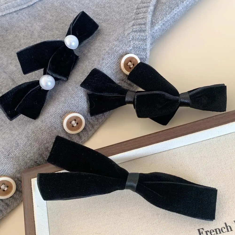 Korean Style Velvet Bow Hair Clip Pearl Hair Side Clip Winter Bow Duckbill Clip Headdress Hair Accessories