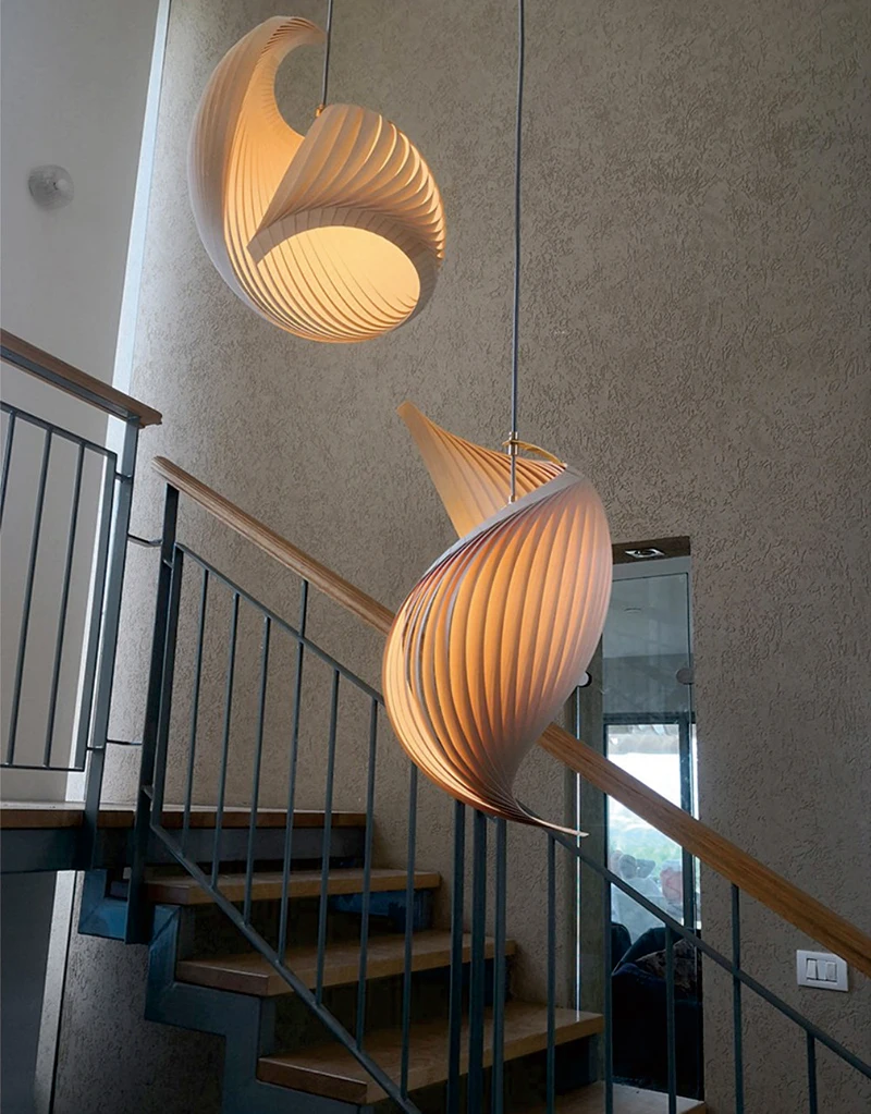 

Modern Japanese Style Wooden LED Pendant Light for Villa Apartment Living Room Duplex Spiral Staircase Creative Decor Lamps