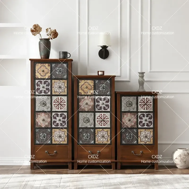 American Chestnut Solid Wood Storage Cabinet Retro Vertical Bedside Locker for Living Room Bedroom Wall Side Table Organizer