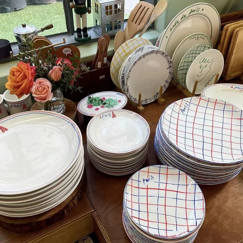 

Original French Dessert Plate Retro Red and Black with Lines Letter Ceramic Tableware Set Breakfast Plate Fish Plate