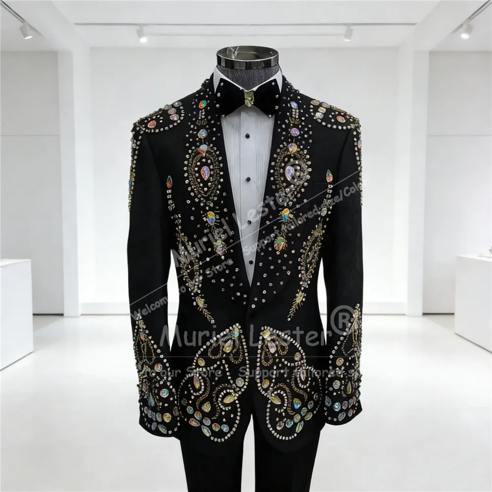 

Эксклюзивный мужской костюм с бриллиантами и бисером, шаль с лацканами, пиджак для выпускного вечера, индивидуальный комплект из 2 предметов, смокинг для жениха, банкета, свадьбы, Ropa Hombre