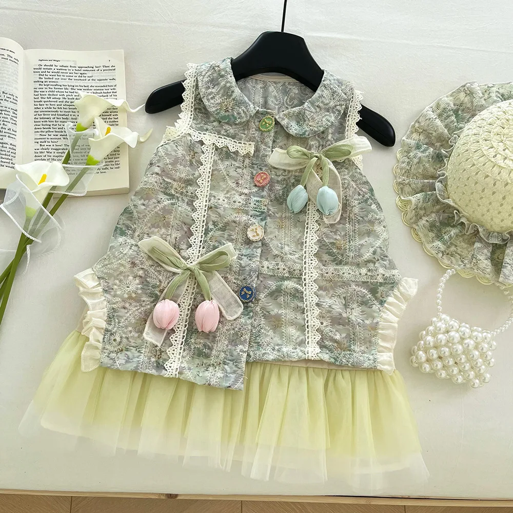 Girls Set Spring and Summer New Korean Version Three-dimensional Flower Dress Set Fashionable Casual Daily Stylish