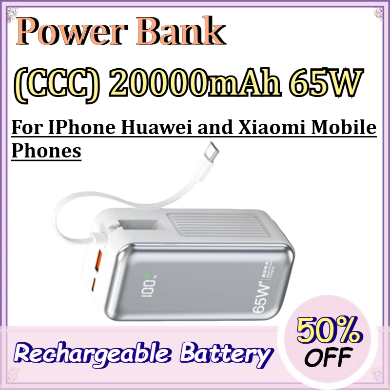 

(CCC) 20000mAh 65W Power Bank for IPhone Huawei and Xiaomi Mobile Phones High Capacity Fast Charging Power Bank