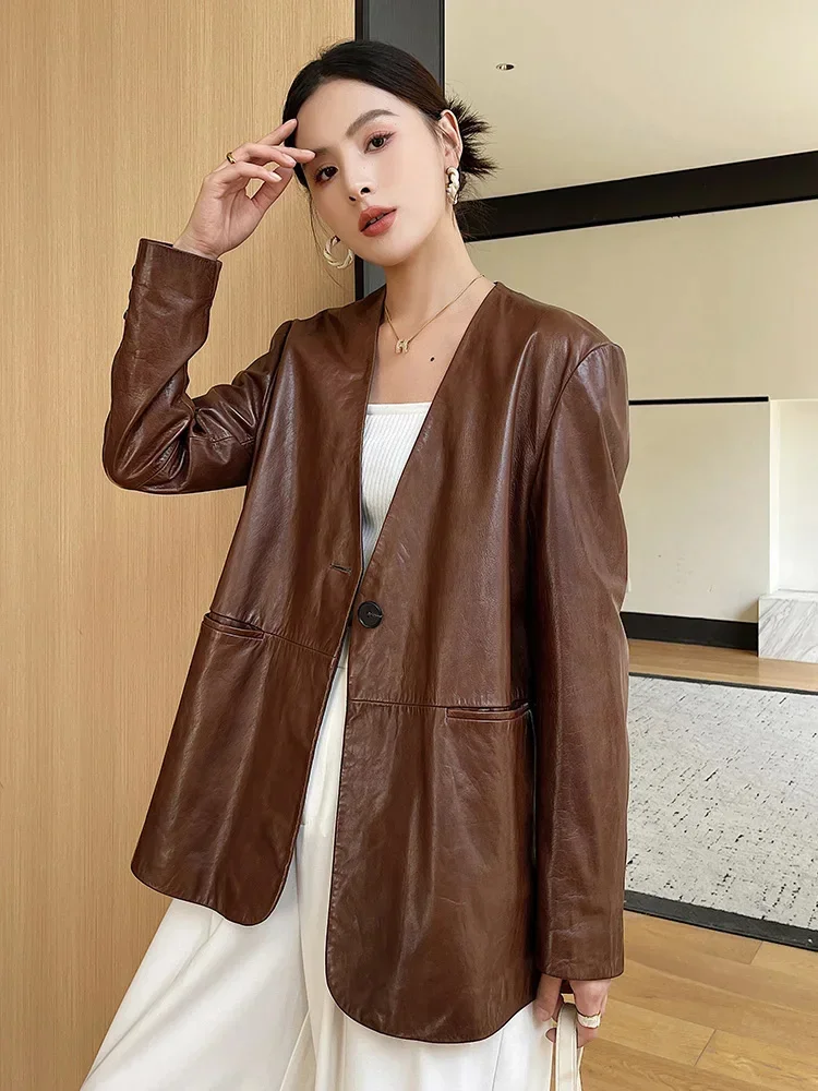 Elegant V-neck Cowhide Coat for Women Spring Autumn 2024 Trend High-end Vintage Single Button Genuine Leather Jacket