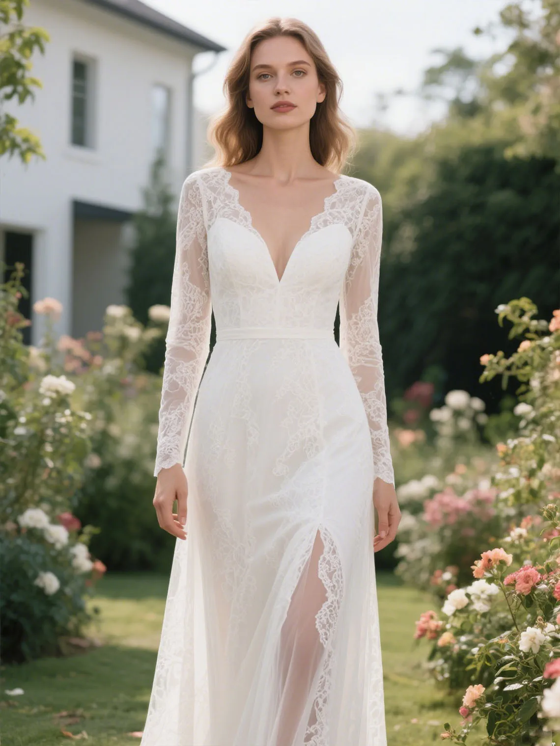 Romantic Sexy V Neck Mermaid Beach Wedding Dress Sweep Train Tulle Long Sleeves High Split Lace Bridal Gown 2025 Free Customized