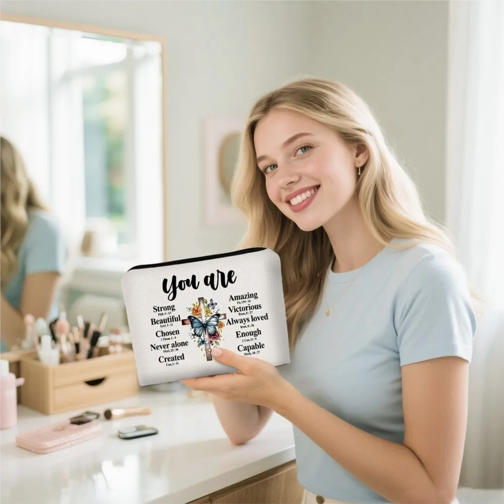 1pc Cosmetic Bag Polyester Material, Bible Verse + Cross Design, Portable for Travel & Daily Makeup Storage