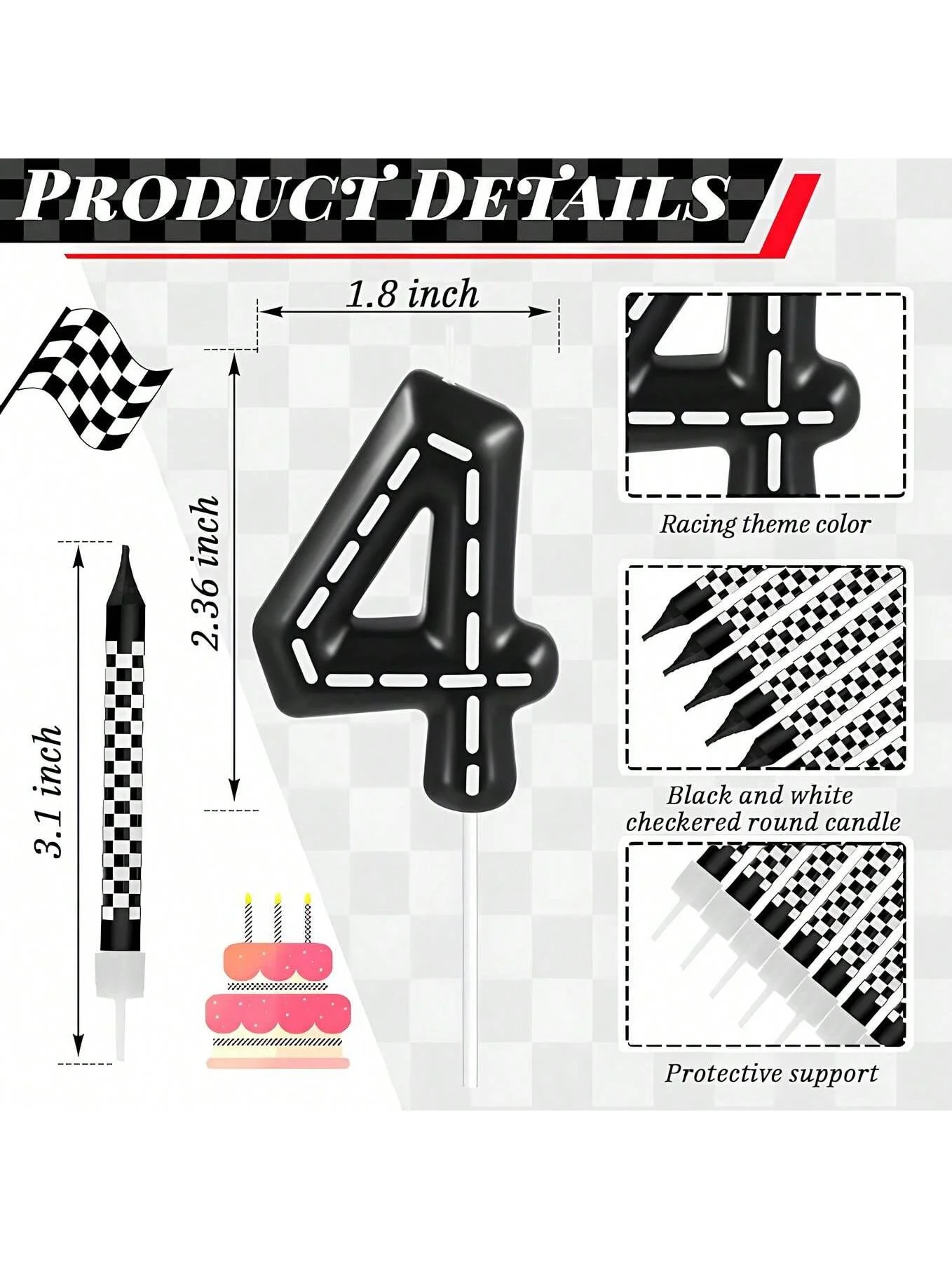 7Pcs Racing Cars Themed Birthday Candles Black and White Checkered Candle 1 to 9 Number Candle Truck Candle Cake Topper for Raci