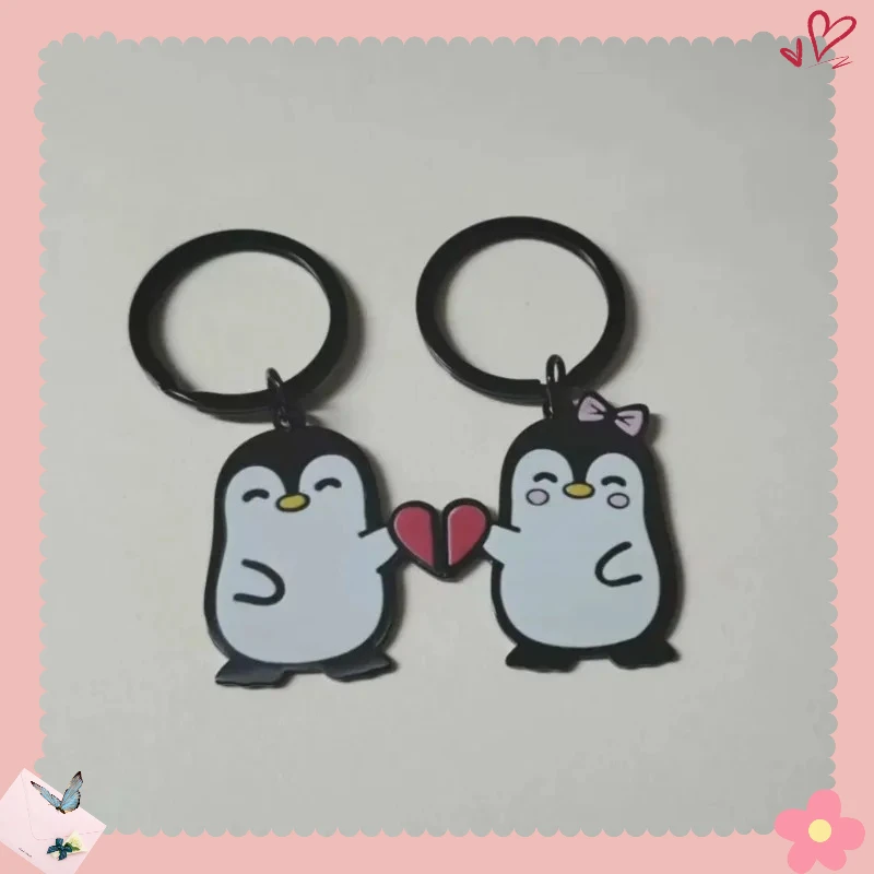 Lindo dibujo animado de pingüino de acero inoxidable pareja llavero colgante parejas joyería regalo del Día de San Valentín para novio y novia