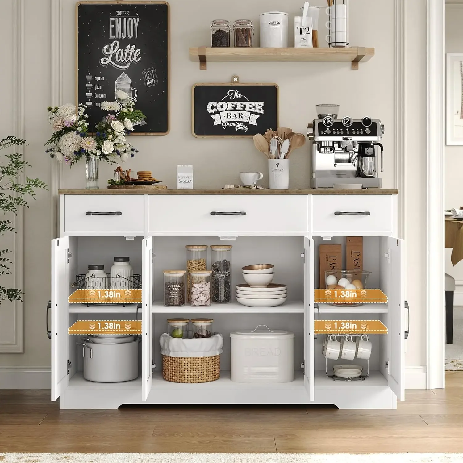 HOSTACK Mueble buffet con cajones, aparador grande de 55 pulgadas, mueble de almacenamiento para buffet con estantes y puertas, café moderno de granja