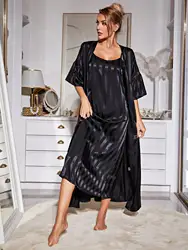 Women's Pajamas Robe Set Sexy Sling Sleepwear Dress Silk Like Homewear Luxury Strip Print Bathrobe 2pcs Suit Home Clothes Femme