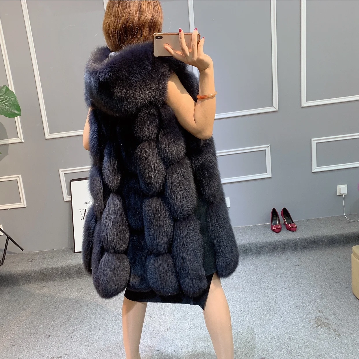 Real Fur Coat for Women Winter Jacket Long Natural Fox Fur Vest Real Sheepskin Leather Hood Thick Warm Overcoat Black New